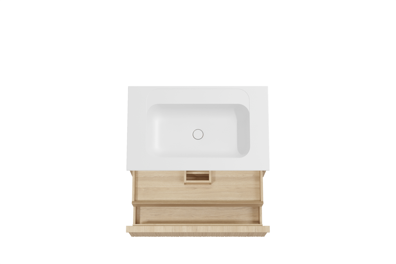 Balmani Forma zwevend badkamermeubel 90 x 55 cm natuur eik met Tablo Strada enkele wastafel in composietmarmer mat wit, Verticale asymmetrische ronde ribbel