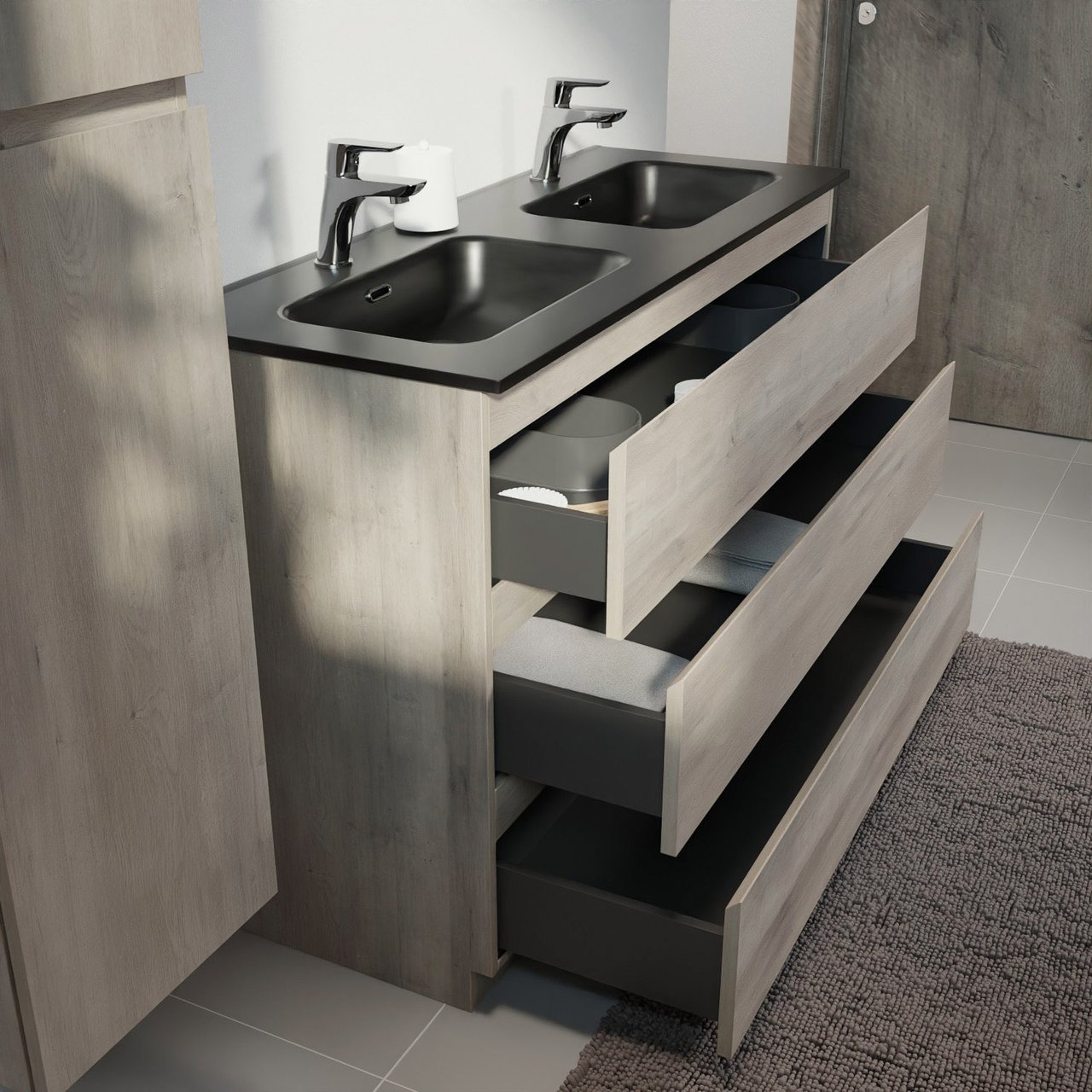 Linie Lado staand badmeubel 120 x 46 cm grijs eiken met Baro dubbele wastafel in porselein mat zwart