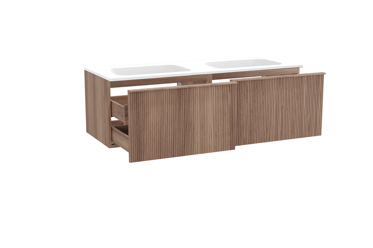 Balmani Forma hängendes Möbelstück Set: 150 x 55 cm, Teak, mit Tablo Strada Doppelwaschtisch, Marmorkomposit, Weiß matt, Vertikale symmetrische gerade Rippe