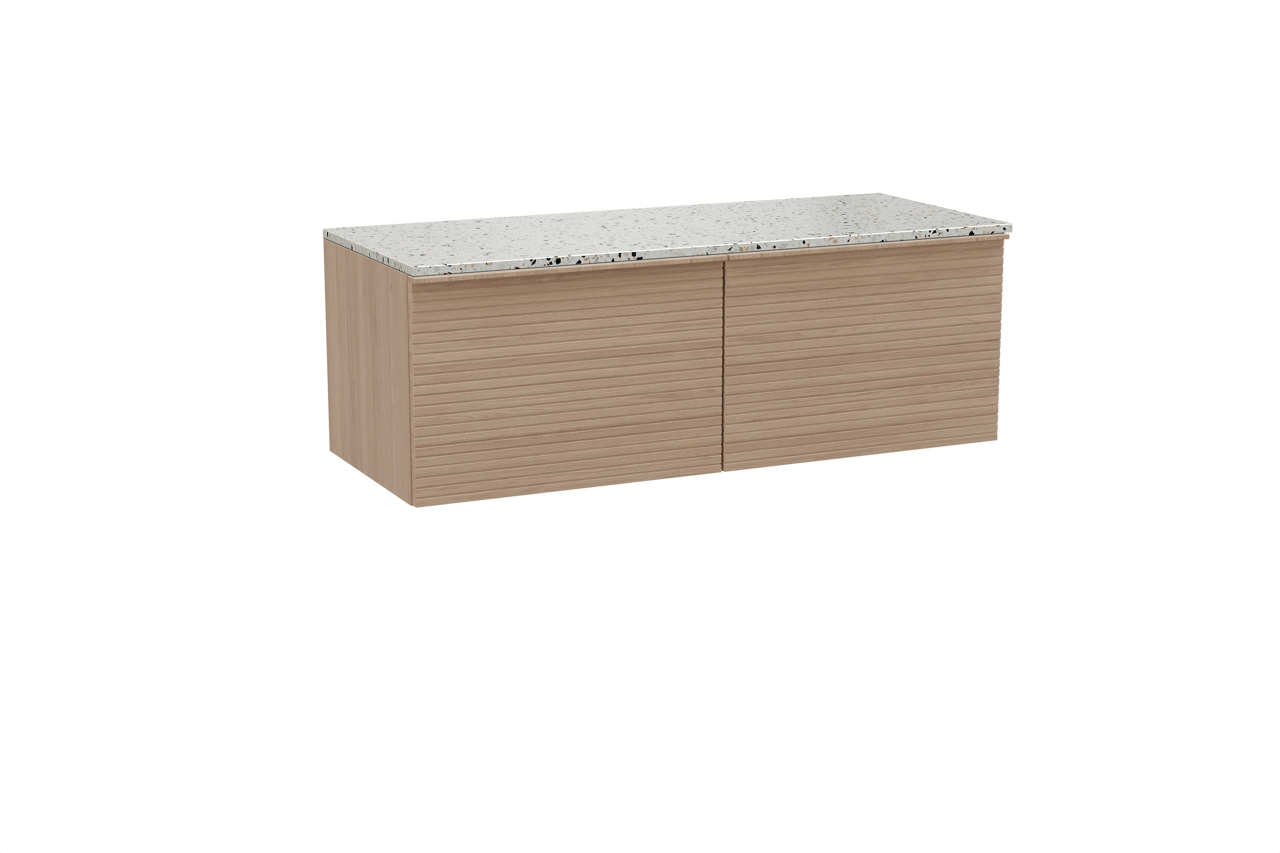 Balmani Forma hängendes Möbelstück Set: 135 x 55 cm, Naturbelassene Eiche, mit Stretto Einzel- oder Doppel Waschtischplatte, Terrazzo in Weiß/Schwarz matt, Horizontale symmetrische gerade Rippe