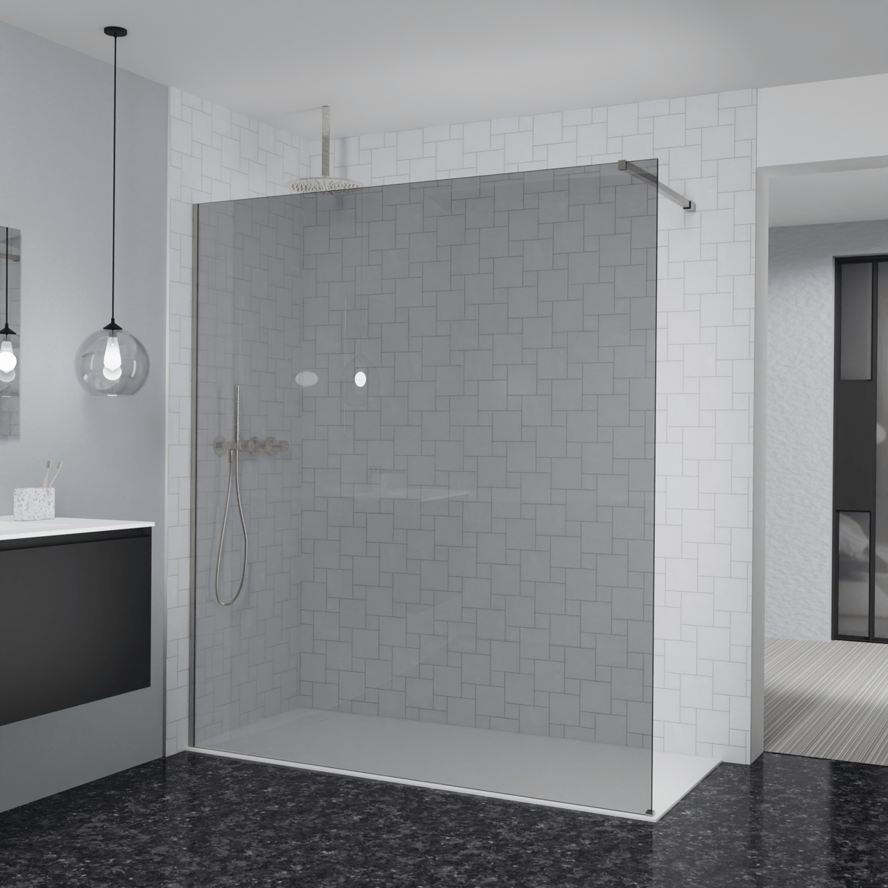 Balmani Modular Walk-In Dusche: 180 x 200 cm, Rauchglas, inklusive Coating, Profil Brushed CoolMetal
