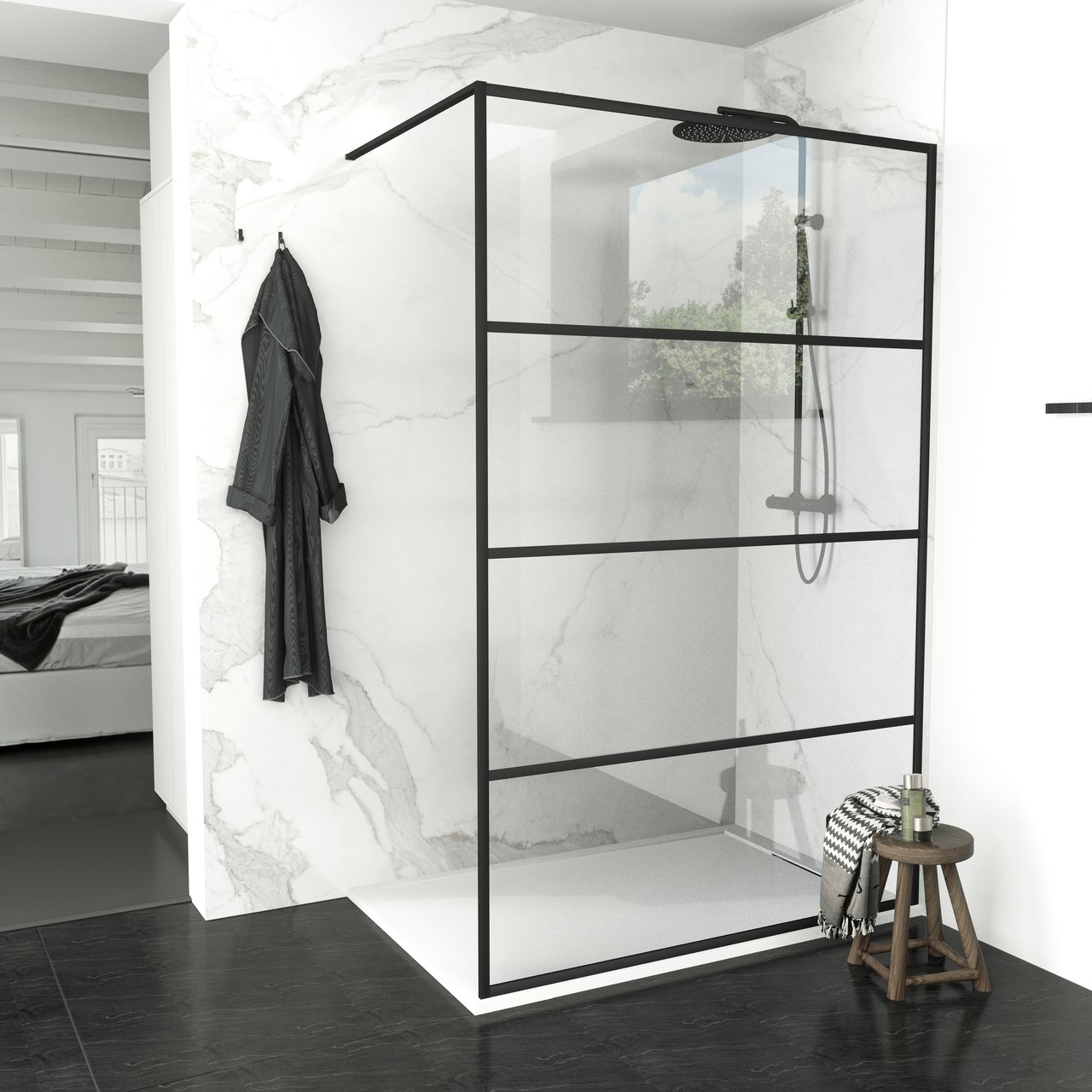 Balmani Framed Walk-In-Dusche 140 x 210 cm Lined Glas matt schwarz Profil