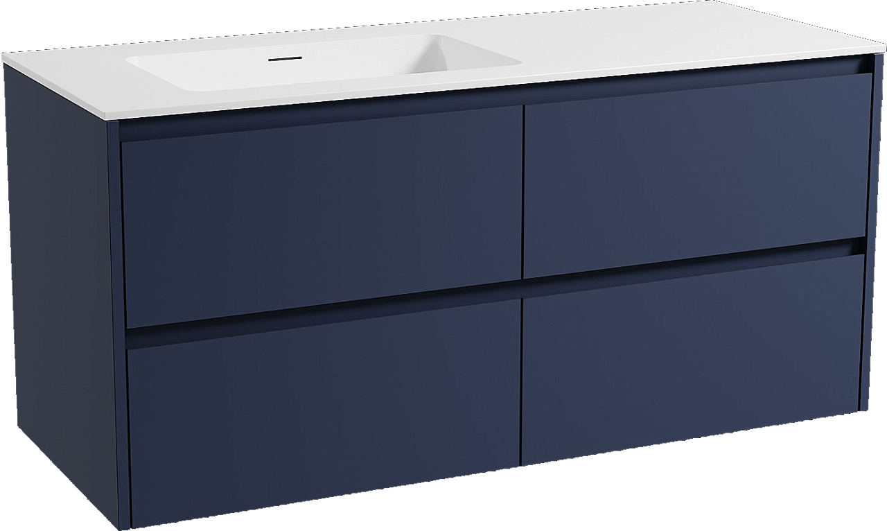 Storke Seda hängendes Möbelstück Set: 130 x 52 cm, Nachtblau, mit Mata Waschtisch links, Solid Surface Weiß matt