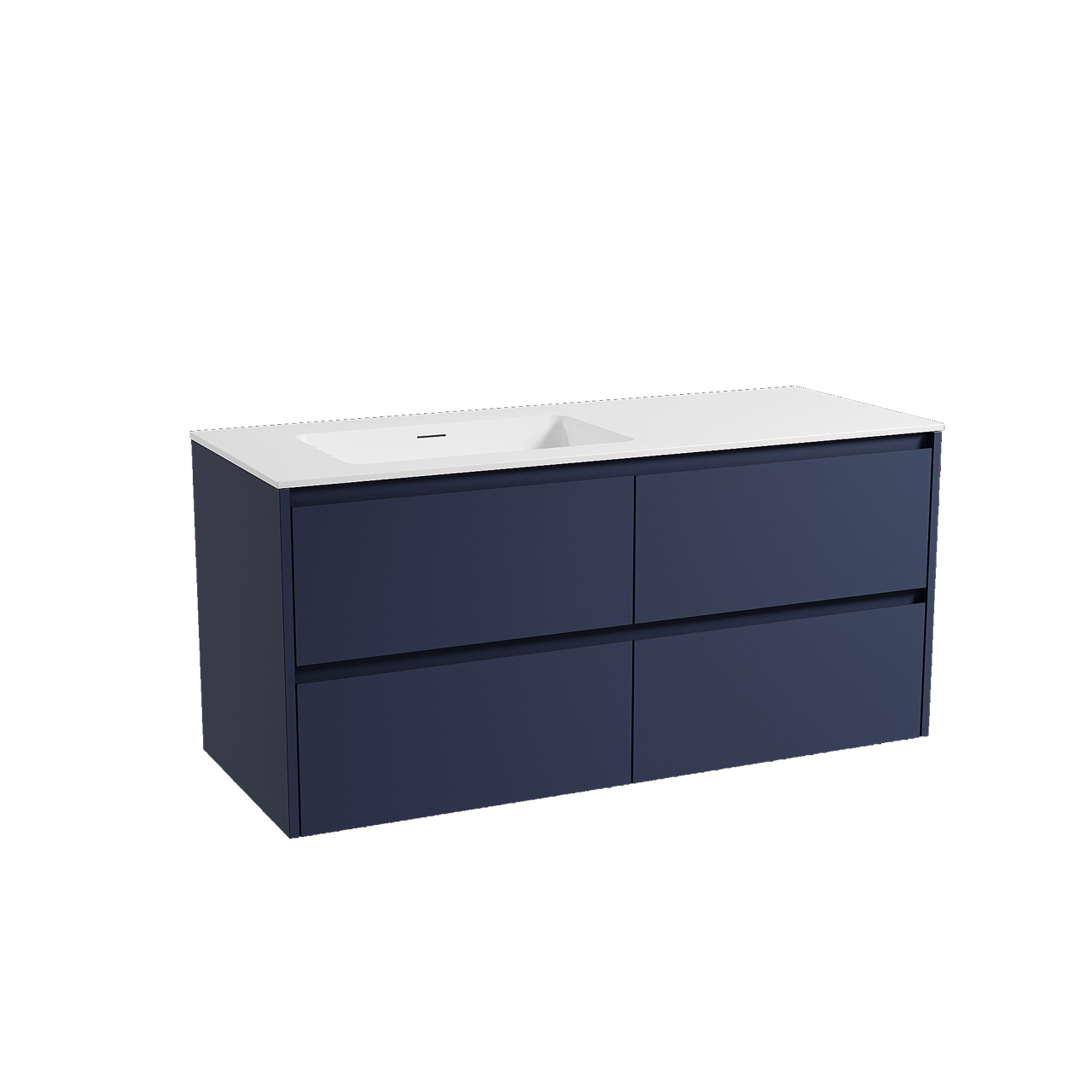 Storke Seda meuble salle de bains suspendu 130 x 52 cm bleu nuit avec Mata plan vasque asymétrique à gauche en solid surface blanc mat