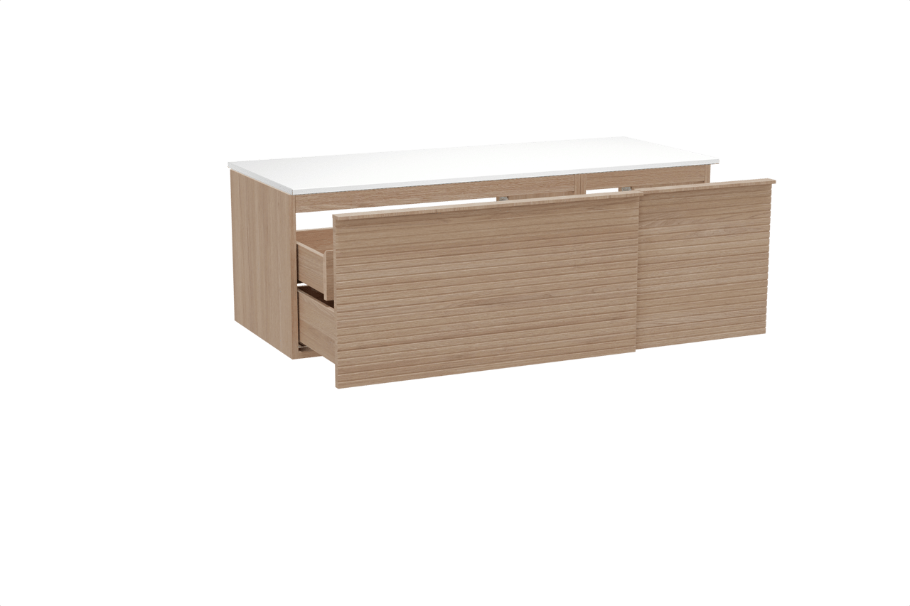 Balmani Forma meuble salle de bains suspendu 135 x 55 cm chêne naturel avec Stretto tablette simple ou double en solid surface blanc mat, Nervure droite symétrique horizontale
