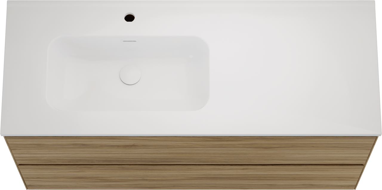 Balmani Mitra Compact hängendes Möbelstück Set: 120 x 46 cm, Wildeiche, mit Nostra Waschtisch links Keramik Weiβ glänzend
