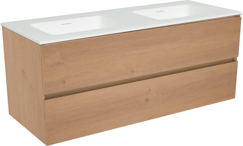 Storke Edge hängendes Möbelstück Set: 120 x 46 cm, Rohe Eiche, mit Mata Doppelwaschtisch, Solid Surface Weiß matt