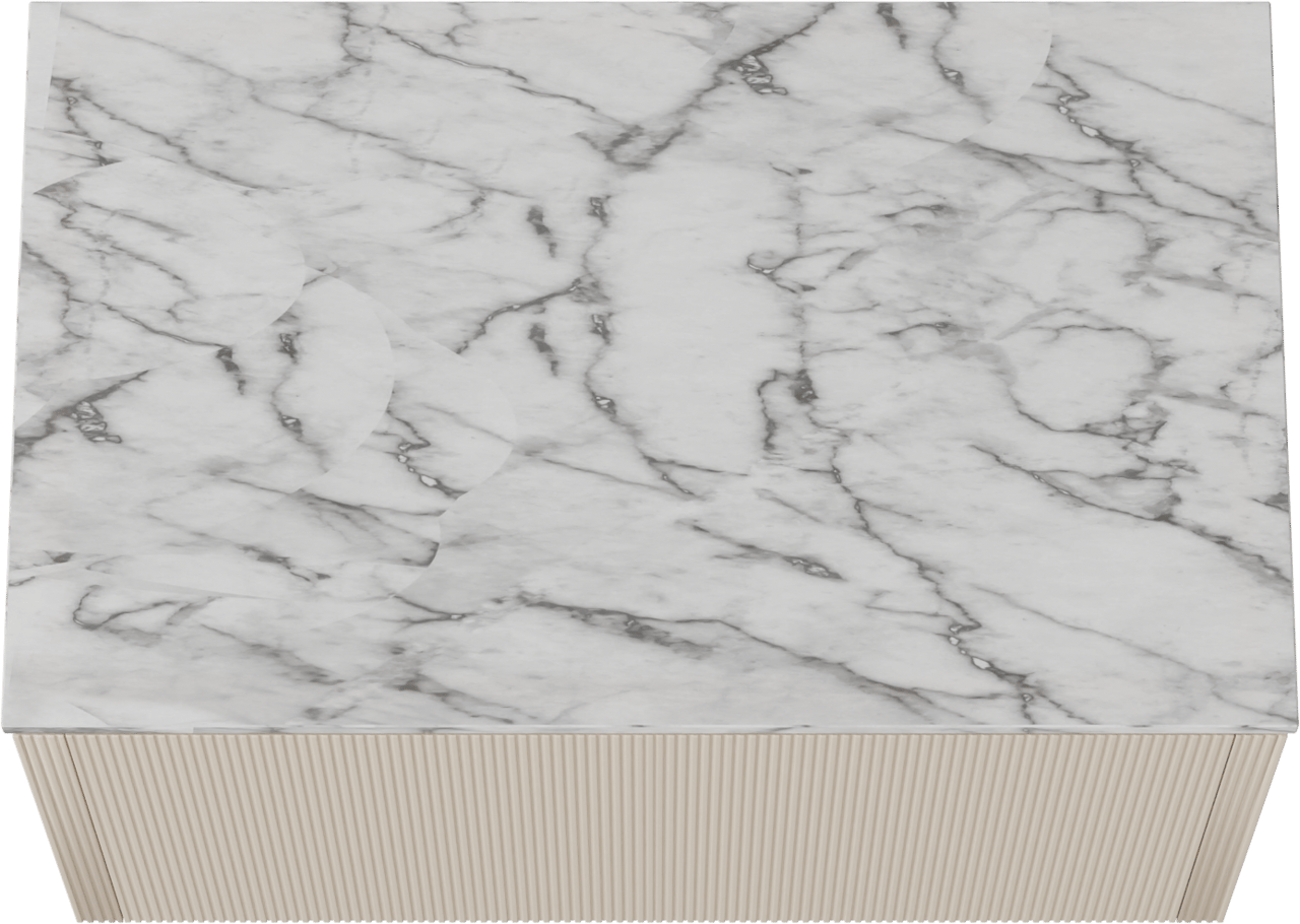 Balmani Eclips zwevend badkamermeubel 90 x 55 cm Sandbeige met Stretto enkel tablet in Carrara marmer, Verticale symmetrische rechte ribbel