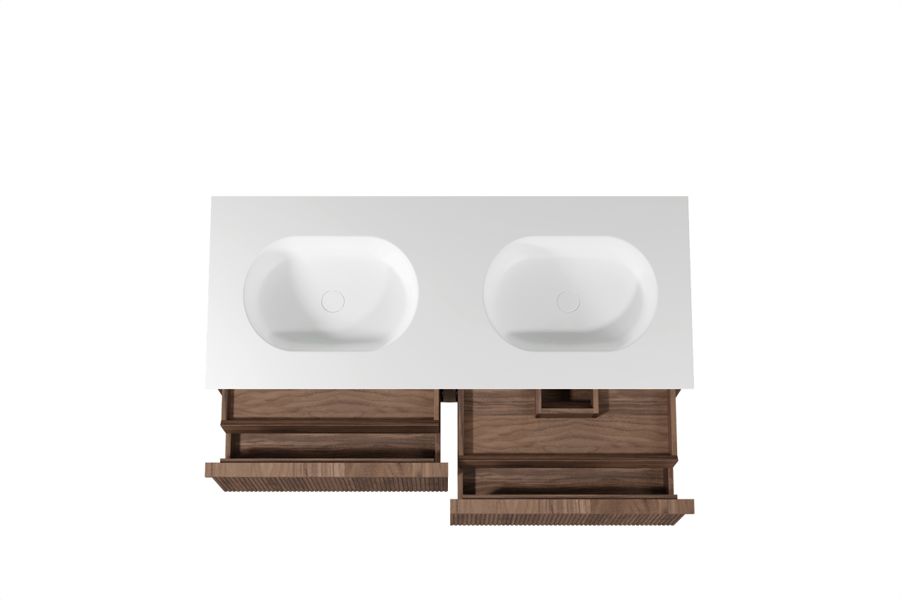 Balmani Forma zwevend badkamermeubel 135 x 55 cm amerikaanse notelaar met Tablo Oval dubbele wastafel in solid surface mat wit, Verticale symmetrische rechte ribbel