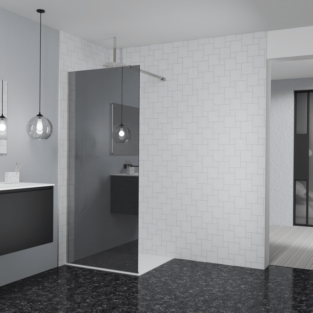 Balmani Modular Walk-In Dusche: 90 x 200 cm, Reflex-Spiegelglas, inklusive Coating, Profil Brushed CoolMetal