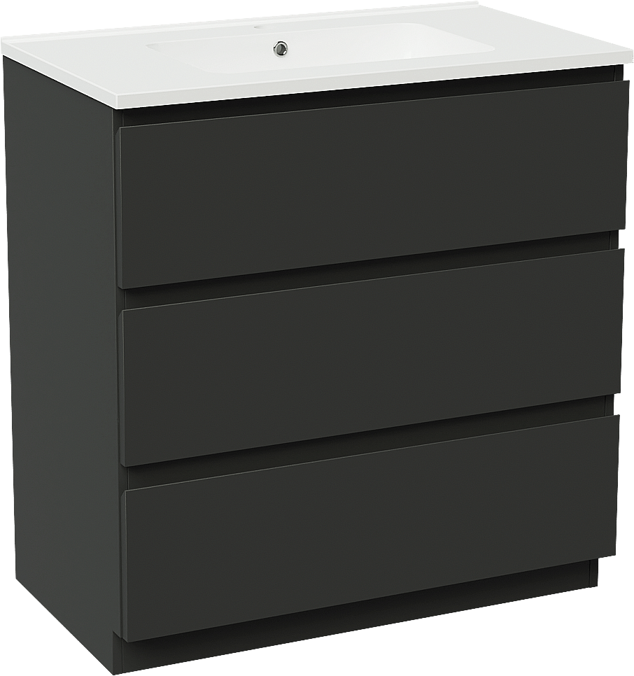 Linie Lado staand badmeubel 80 x 46 cm mat zwart met Vano enkele wastafel in composietmarmer hoogglans wit