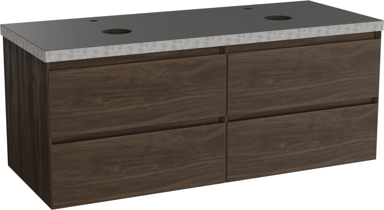 Balmani Mitra hängendes Möbelstück Set: 135 x 55 cm, Amerikanischer Nussbaum, mit Rock Doppel Waschtischplatte, Schwarzes Granit