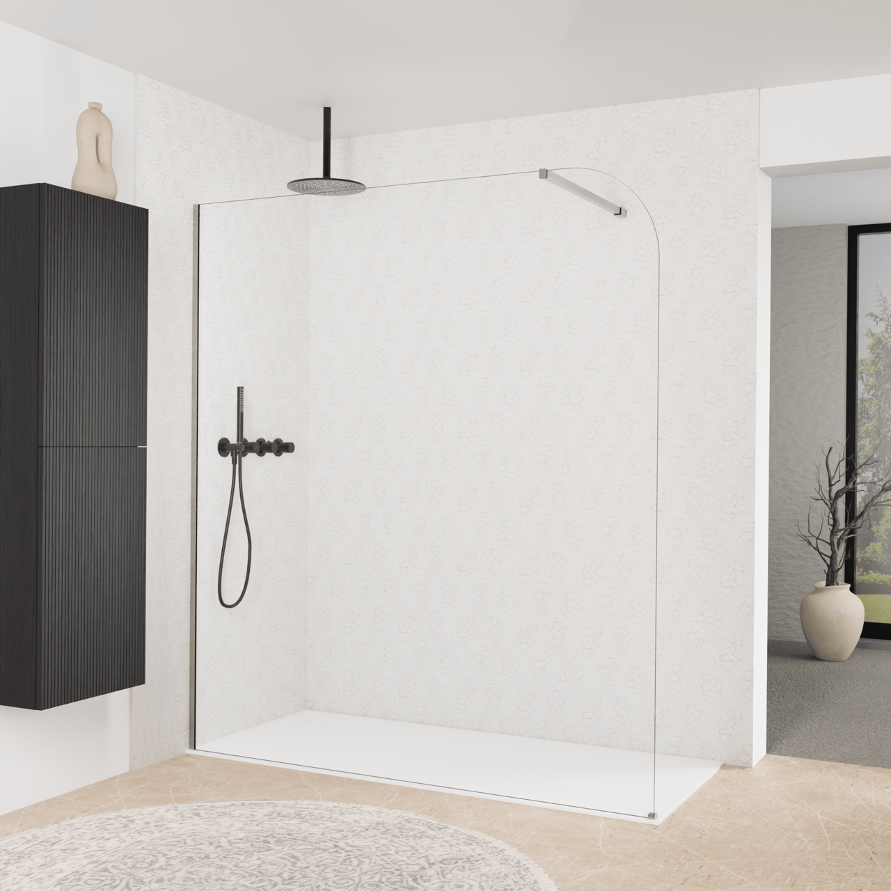Balmani Modular douche à l'italienne: 180 x 200 cm, Verre transparent arrondi, avec coating, Profil Brushed Inox