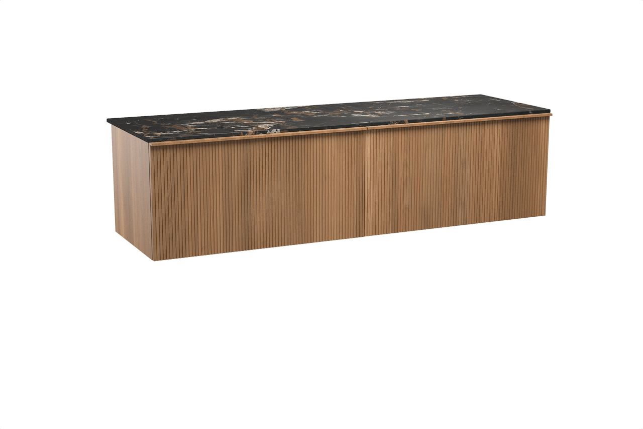 Balmani Forma hängendes Möbelstück Set: 180 x 55 cm, Teak, mit Stretto Einzel- oder Doppel Waschtischplatte, Marmor, Portoro Gold, Vertikale symmetrische gerade Rippe