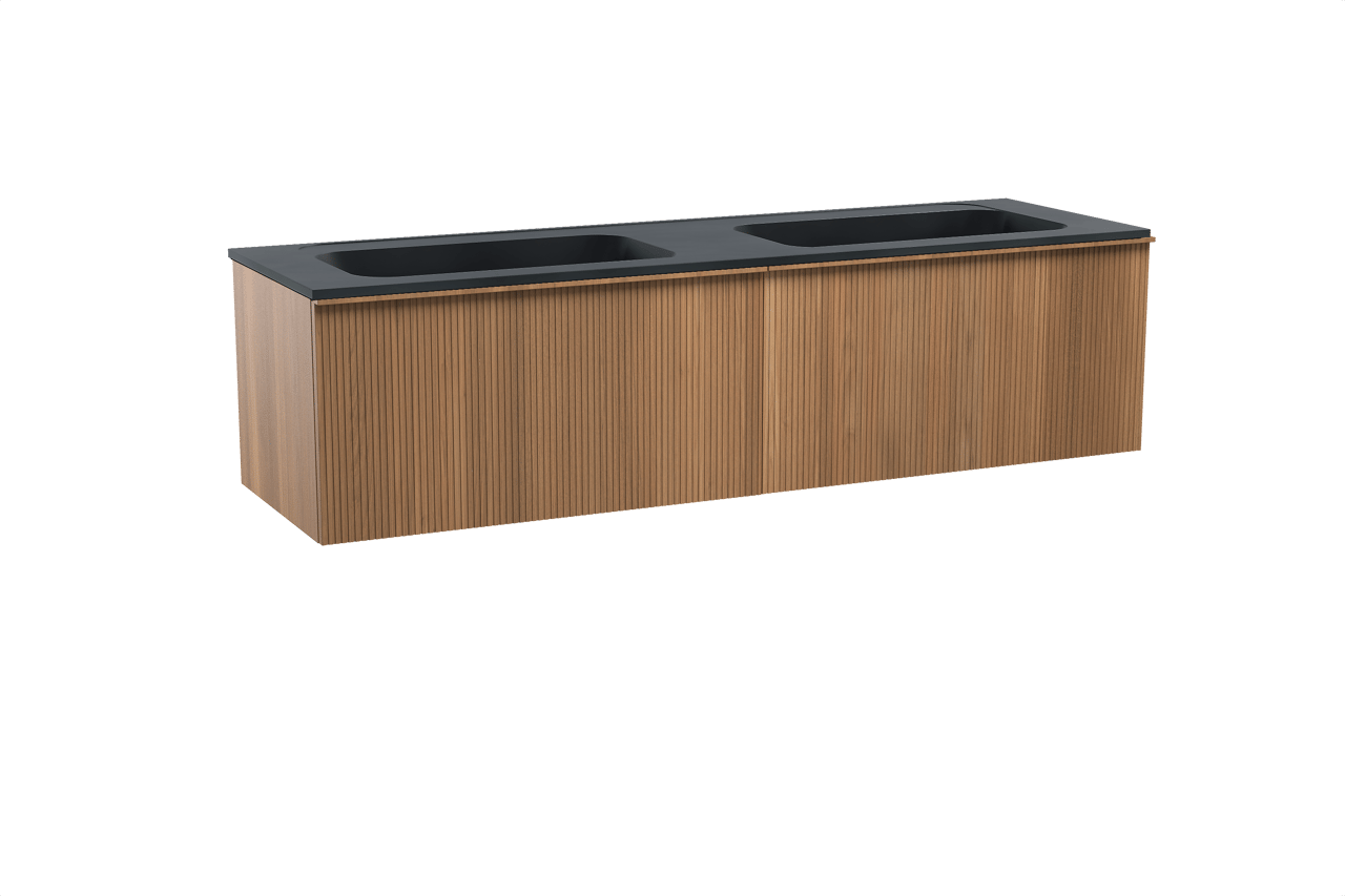 Balmani Forma hängendes Möbelstück Set: 180 x 55 cm, Teak, mit Tablo Strada Doppelwaschtisch, Marmorkomposit, Schwarz matt, Vertikale symmetrische gerade Rippe