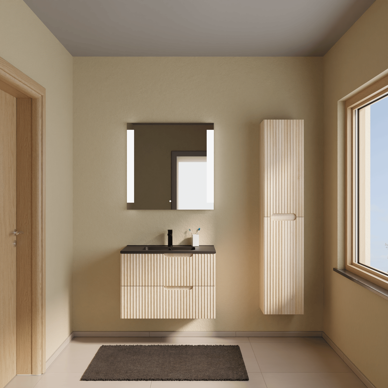 Linie Ribbo meuble salle de bains suspendu 80 x 46 cm chêne clair avec Vano plan simple en marbre composite noir mat, Nervure circulaire symétrique verticale