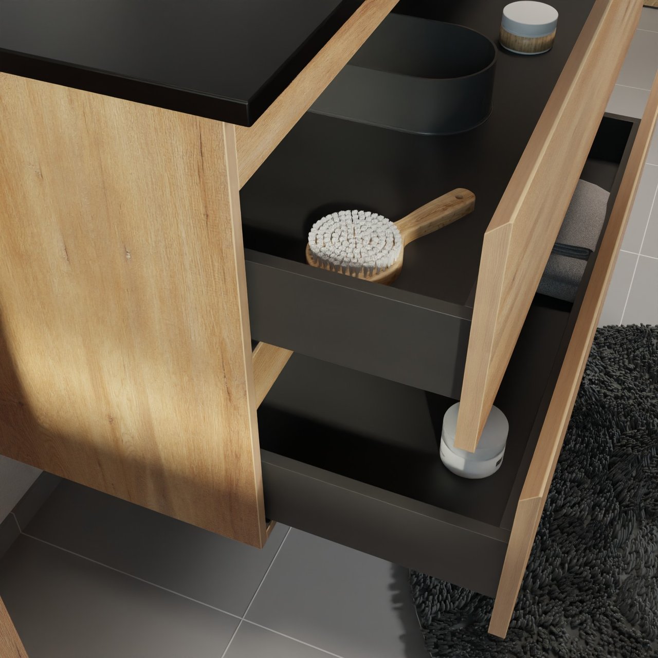 Linie Lado meuble salle de bains suspendu 70 x 46 cm chêne naturel avec Vano plan simple en marbre composite noir mat