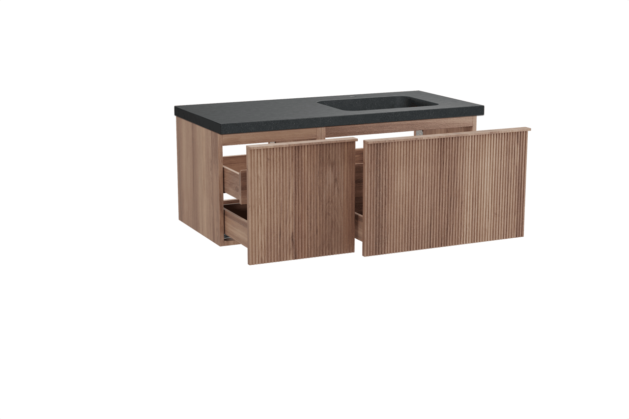 Balmani Forma meuble salle de bains suspendu 120 x 55 cm teck avec Napoli vasque asymétrique droite en granit noir, Nervure droite symétrique verticale