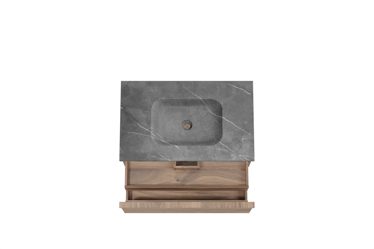 Balmani Forma meuble salle de bains suspendu 90 x 55 cm noyer américain avec Tablo Arcato plan simple en marbre pietra grey, Nervure droite symétrique horizontale