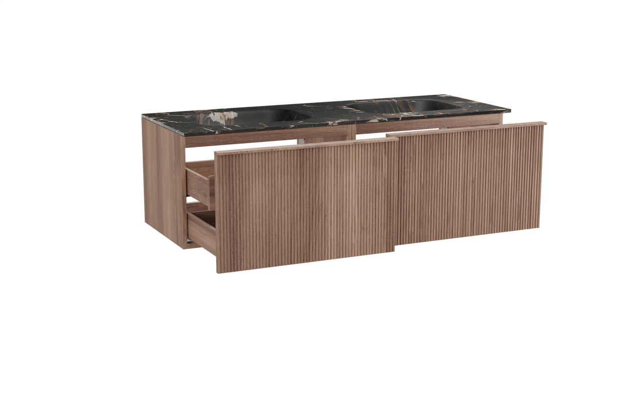 Balmani Forma zwevend badmeubel 150 x 55 cm teakhout met Tablo Arcato dubbele wastafel in marmer portoro gold, Verticale symmetrische rechte ribbel