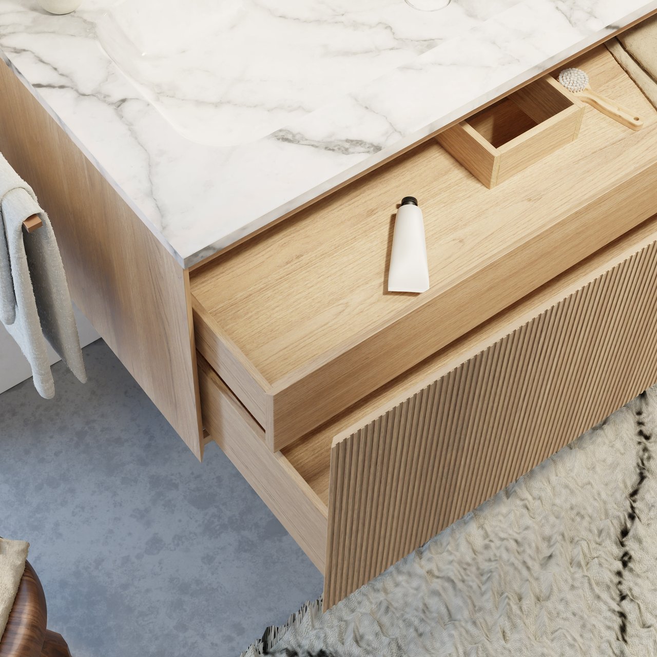 Balmani Fila hängender Waschbeckenunterschrank: 150 x 55 cm, Eiche Natur, Furnierholz, 2 Schubladen