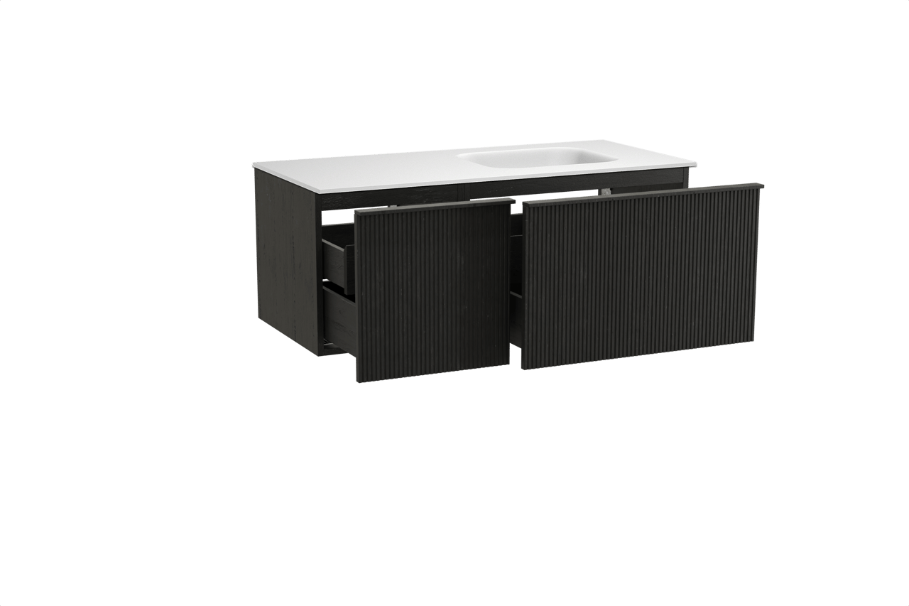Balmani Forma hängendes Möbelstück Set: 120 x 55 cm, Schwarze Eiche, mit Tablo Arcato Waschtisch rechts, Solid Surface, Weiß matt, Vertikale symmetrische gerade Rippe