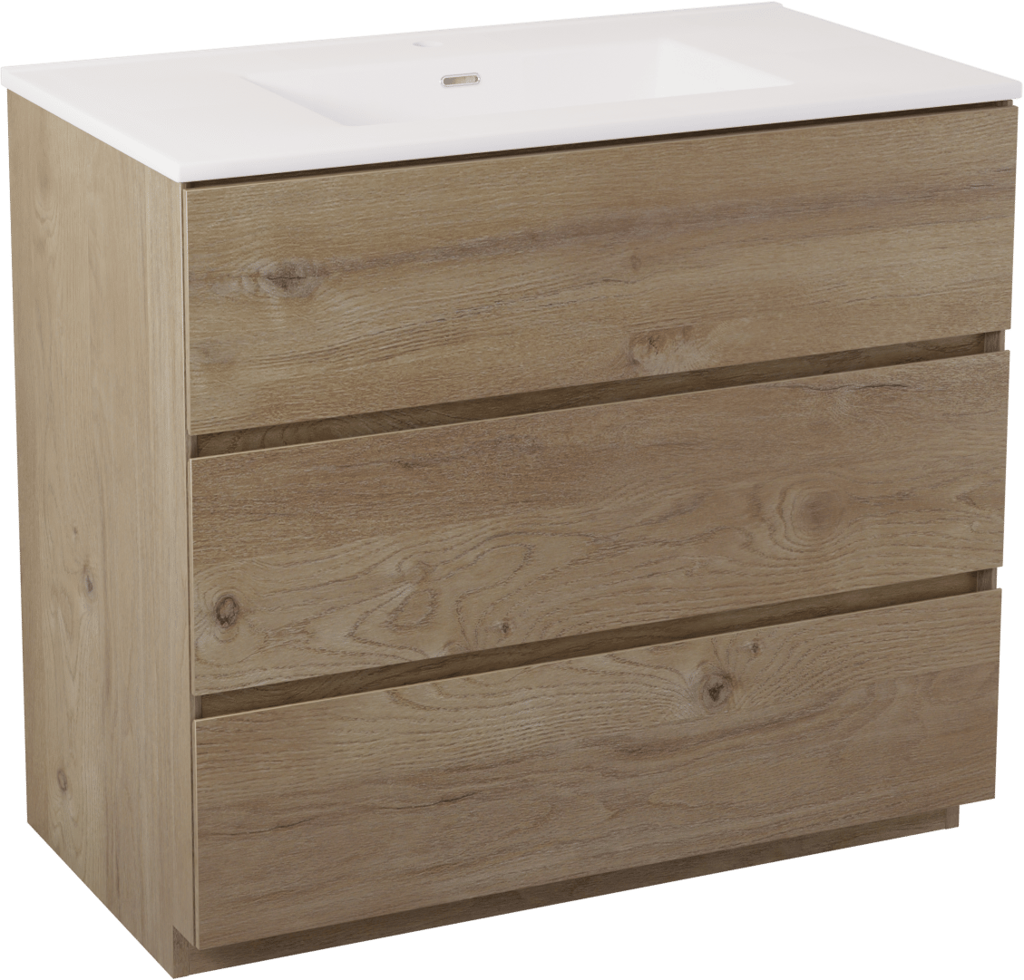 Storke Edge freistehendes Möbelstück Set: 95 x 52 cm, Raue Eiche, mit Kera Einzelwaschtisch, Keramik Weiß matt, inklusive Ablaufventil