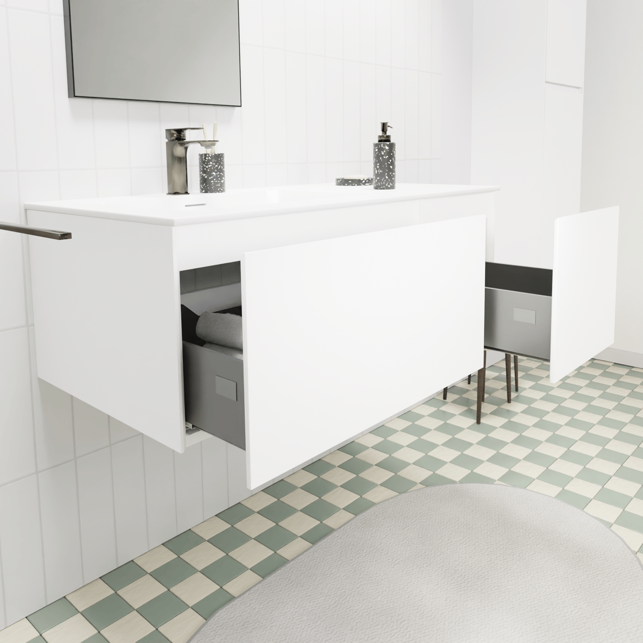 Storke Edge hängendes Möbelstück Set: 100 x 52 cm, Weiß matt, mit Mata Waschtisch links, Solid Surface Weiß matt