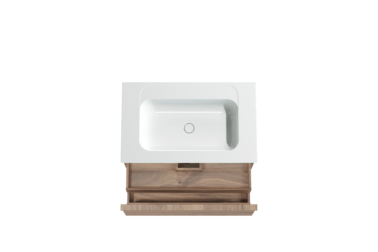 Balmani Forma hängendes Möbelstück Set: 90 x 55 cm, Amerikanischer Nussbaum, mit Tablo Strada Einzelwaschtisch, Marmorkomposit, Weiß glänzend, Horizontale symmetrische gerade Rippe