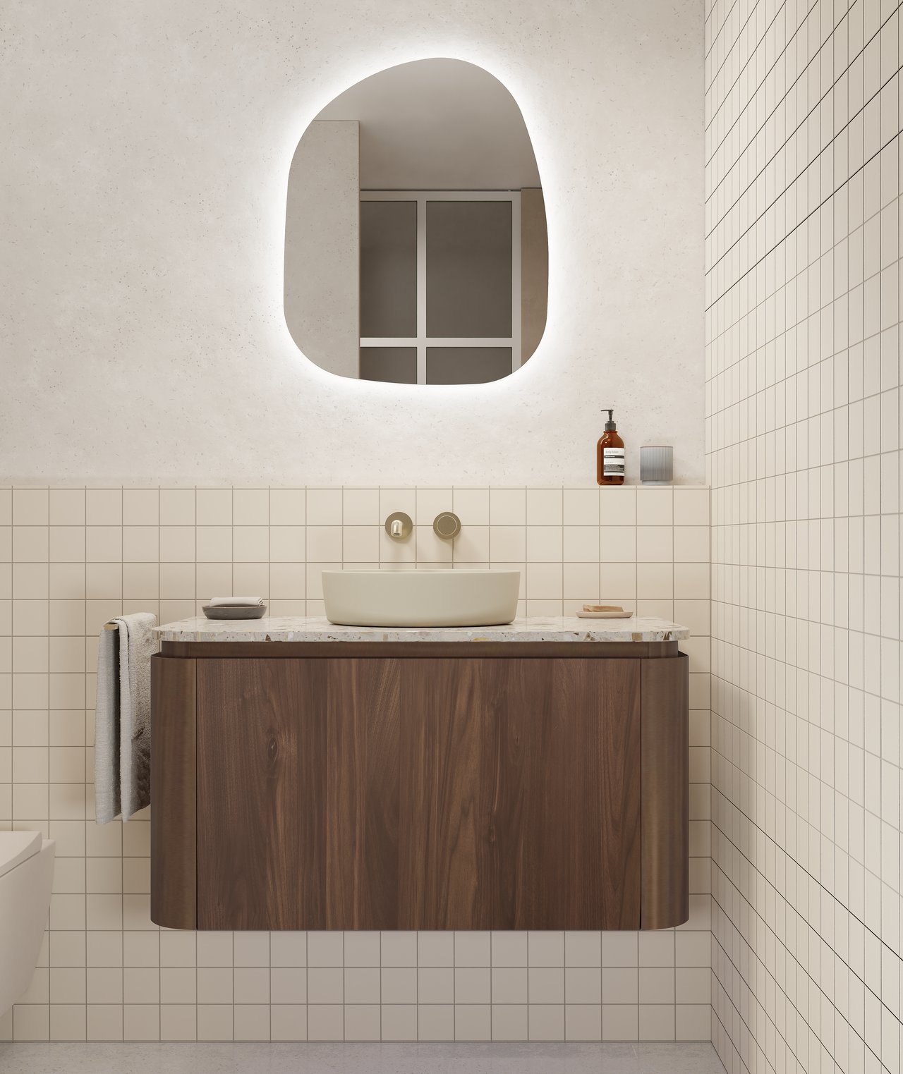 Balmani Moon hängender Waschbeckenunterschrank: 100 x 55 cm, Amerikanischer Nussbaum, 2 Schubladen