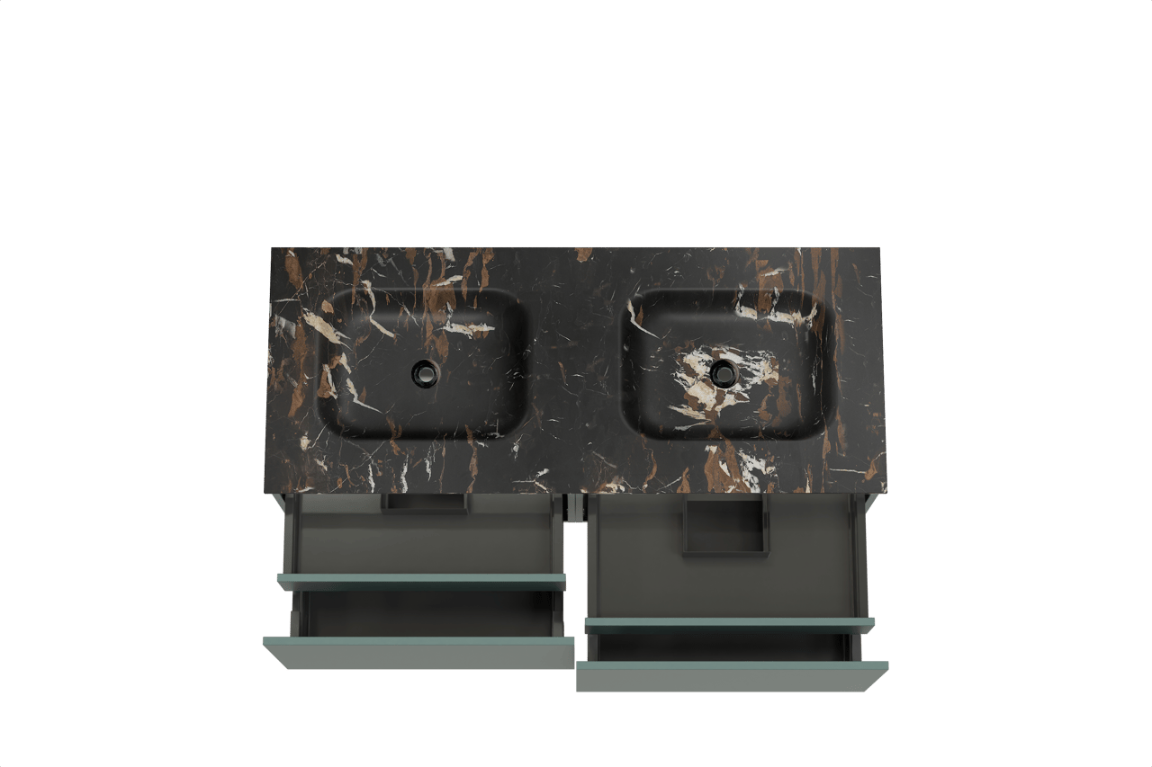 Balmani Sfera zwevend badkamermeubel 135 x 55 cm forest met Tablo Arcato dubbele wastafel in marmer portoro gold