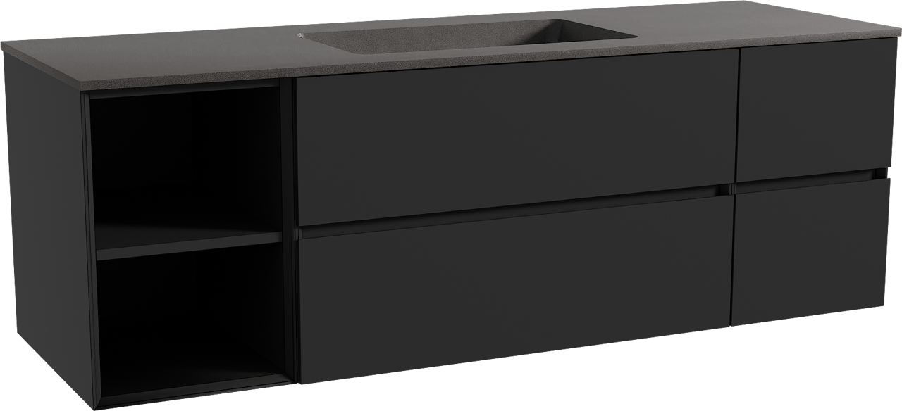 Storke Edge hängendes Möbelstück Set: 155 x 52 cm, Schwarz matt, mit Scuro Einzelwaschtisch, Quarz Schwarz matt