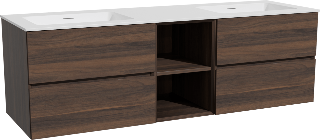 Storke Edge meuble salle de bains suspendu 165 x 52 cm noyer avec Mata double vasque en solid surface blanc mat