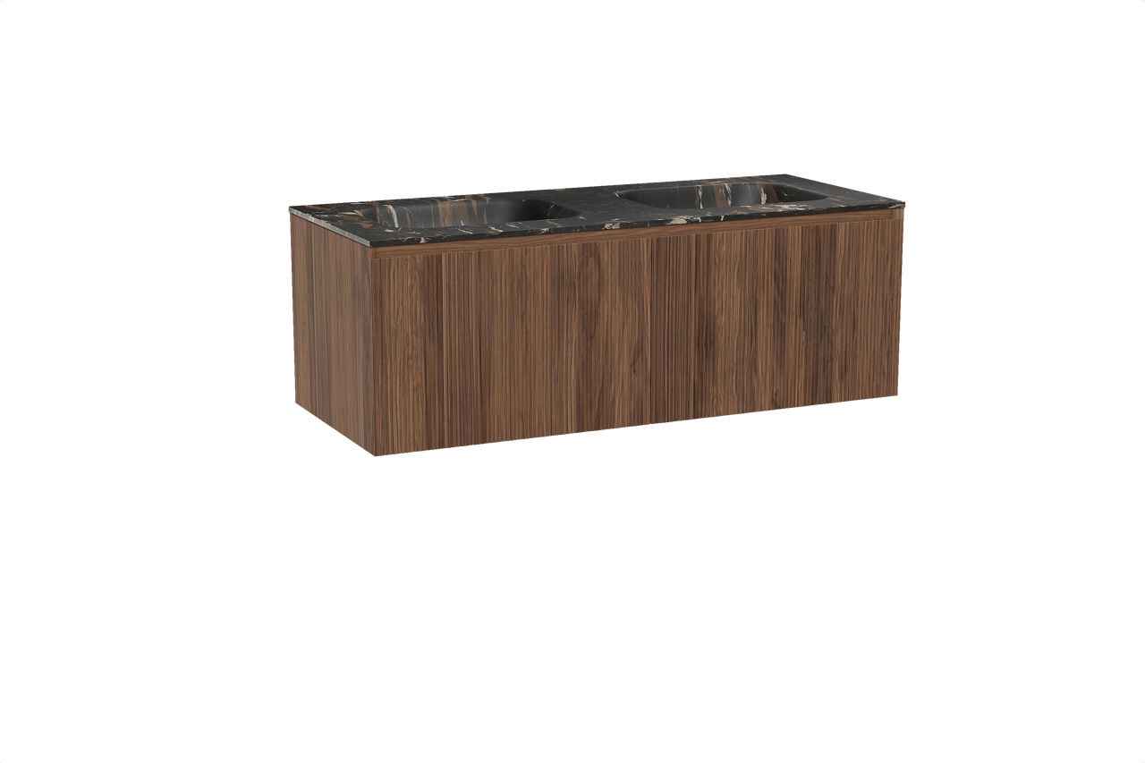 Balmani Fila hängendes Möbelstück Set: 135 x 55 cm, Nussbaum, mit Tablo Arcato Doppelwaschtisch, Marmor, Portoro Gold, Vertikale symmetrische gerade Rippe