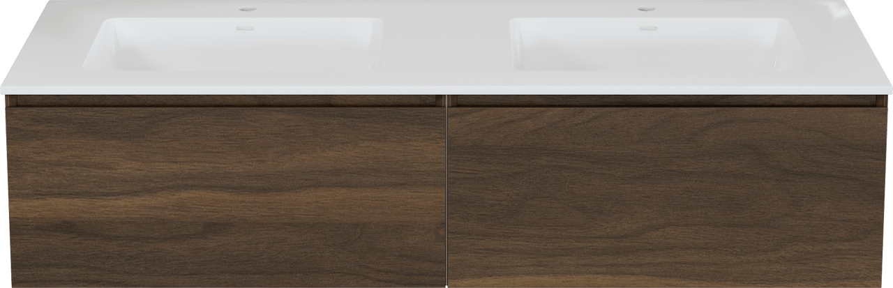 Storke Edge meuble salle de bains suspendu 150 x 52 cm noyer avec Bilia double vasque en marbre composite blanc brillant