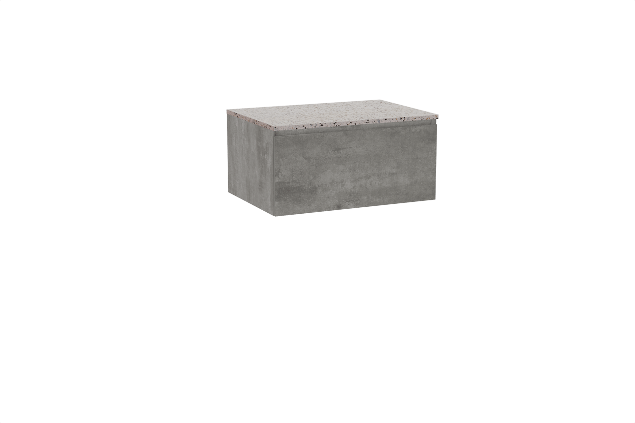 Storke Edge hängendes Möbelstück Set: 75 x 52 cm, Beton dunkelgrau, mit Tavola Einzel Waschtischplatte, Terrazzo in Weiß/Schwarz matt