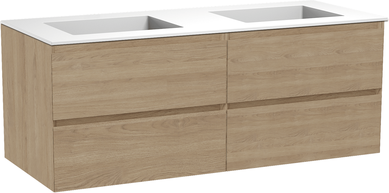 Balmani Mitra hängendes Möbelstück Set: 135 x 55 cm, Naturbelassene Eiche, mit Tablo Stretto Doppelwaschtisch, Solid Surface Weiß matt