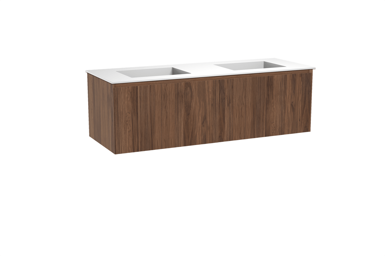 Balmani Fila hängendes Möbelstück Set: 150 x 55 cm, Nussbaum, mit Tablo Stretto Doppelwaschtisch, Solid Surface, Weiß matt, Vertikale symmetrische gerade Rippe