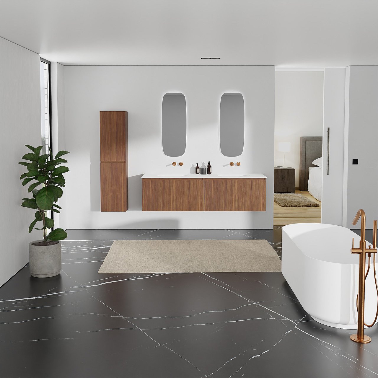 Balmani Sfera hängendes Möbelstück Set: 180 x 55 cm, Amerikanischer Nussbaum, mit Tablo Arcato Doppelwaschtisch, Solid Surface Weiß matt