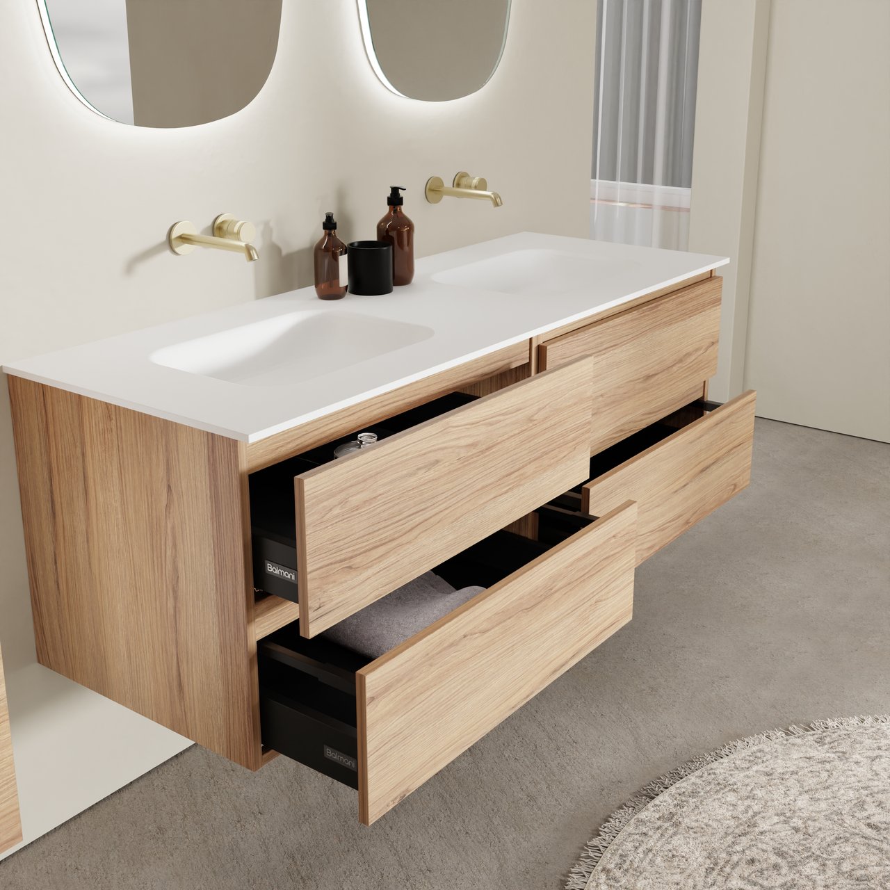 Balmani Lucida hängendes Möbelstück Set: 150 x 55 cm, Teak, mit Tablo Arcato Doppelwaschtisch, Solid Surface Weiß matt