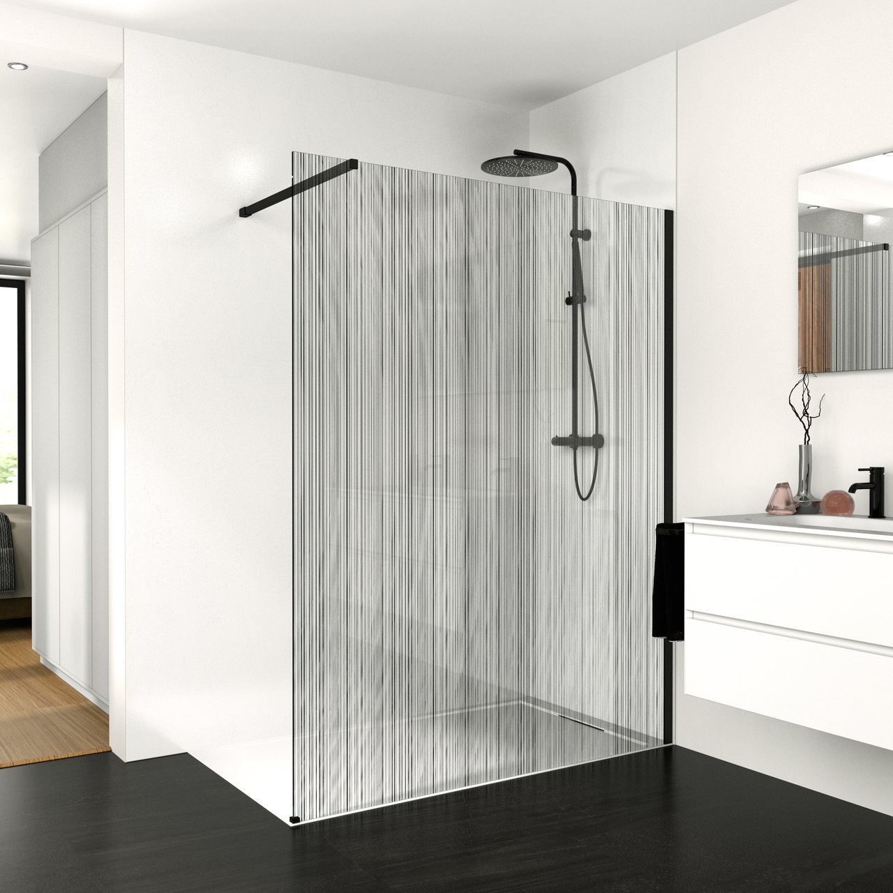 Balmani Modular Walk-In-Dusche 80 x 200 cm, Strichcode schwarz Glas , Profil schwarz matt