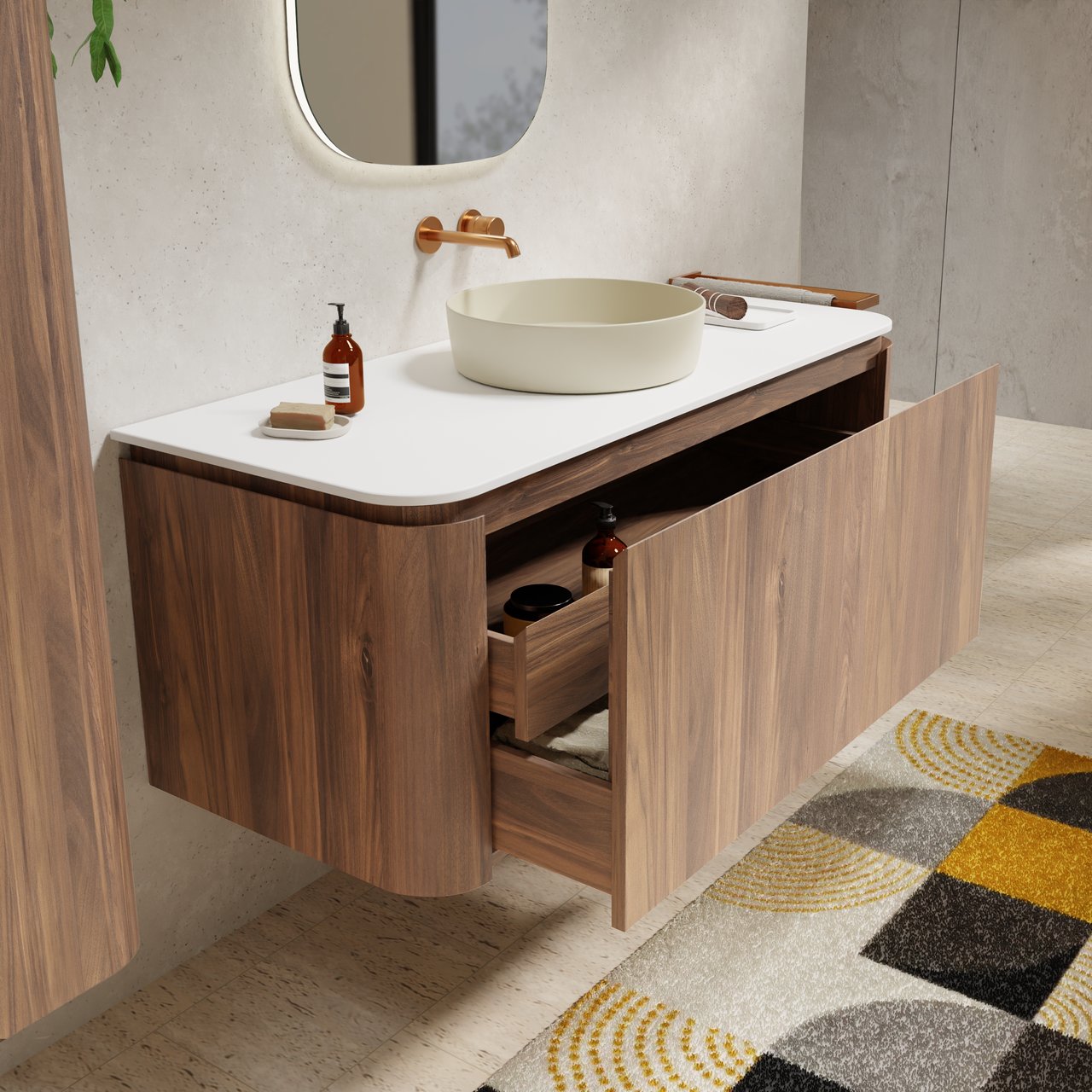 Balmani Moon meuble salle de bains suspendu 130 x 55 cm noyer américain avec Moon tablette simple ou double en solid surface blanc mat