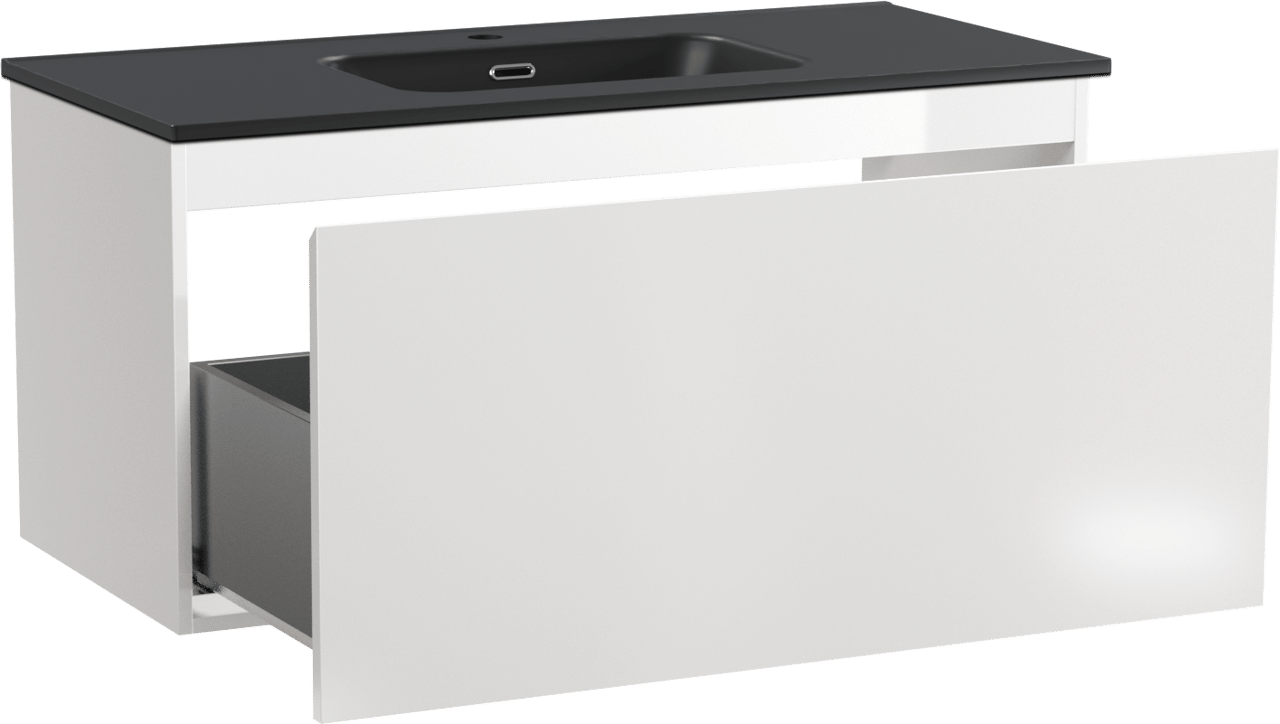Linie Lado zwevend badmeubel 100 x 46 cm hoogglans wit met Baro enkele wastafel in porselein mat zwart