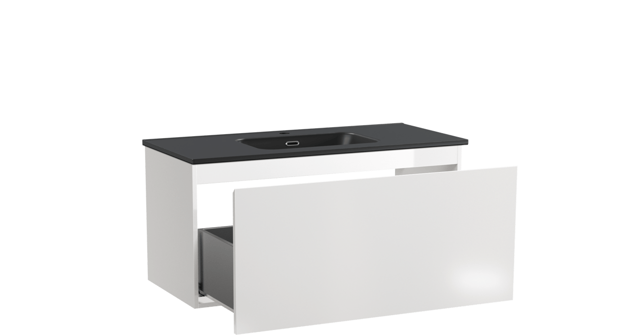 Linie Lado meuble salle de bains suspendu 100 x 46 cm blanc brillant avec Baro plan simple en porcelaine noir mat