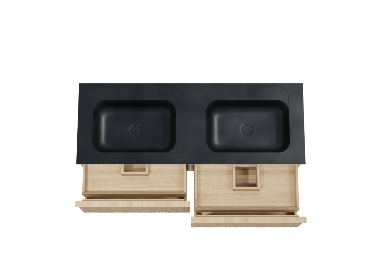 Balmani Forma meuble salle de bains suspendu 150 x 55 cm chêne naturel avec Tablo Strada double vasque en marbre composite noir mat, Nervure circulaire asymétrique verticale