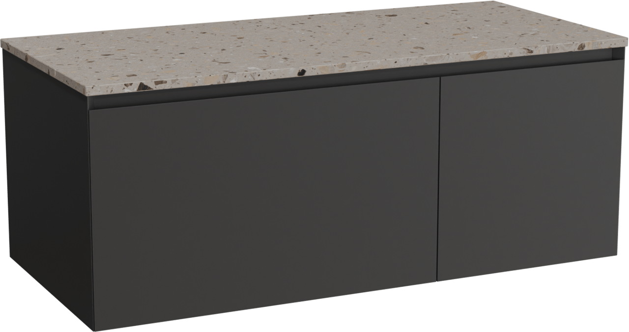 Balmani Idra hängendes Möbelstück Set: 120 x 55 cm, Schwarz matt, mit Stretto Einzel- oder Doppel Waschtischplatte, Terrazzo in Greige