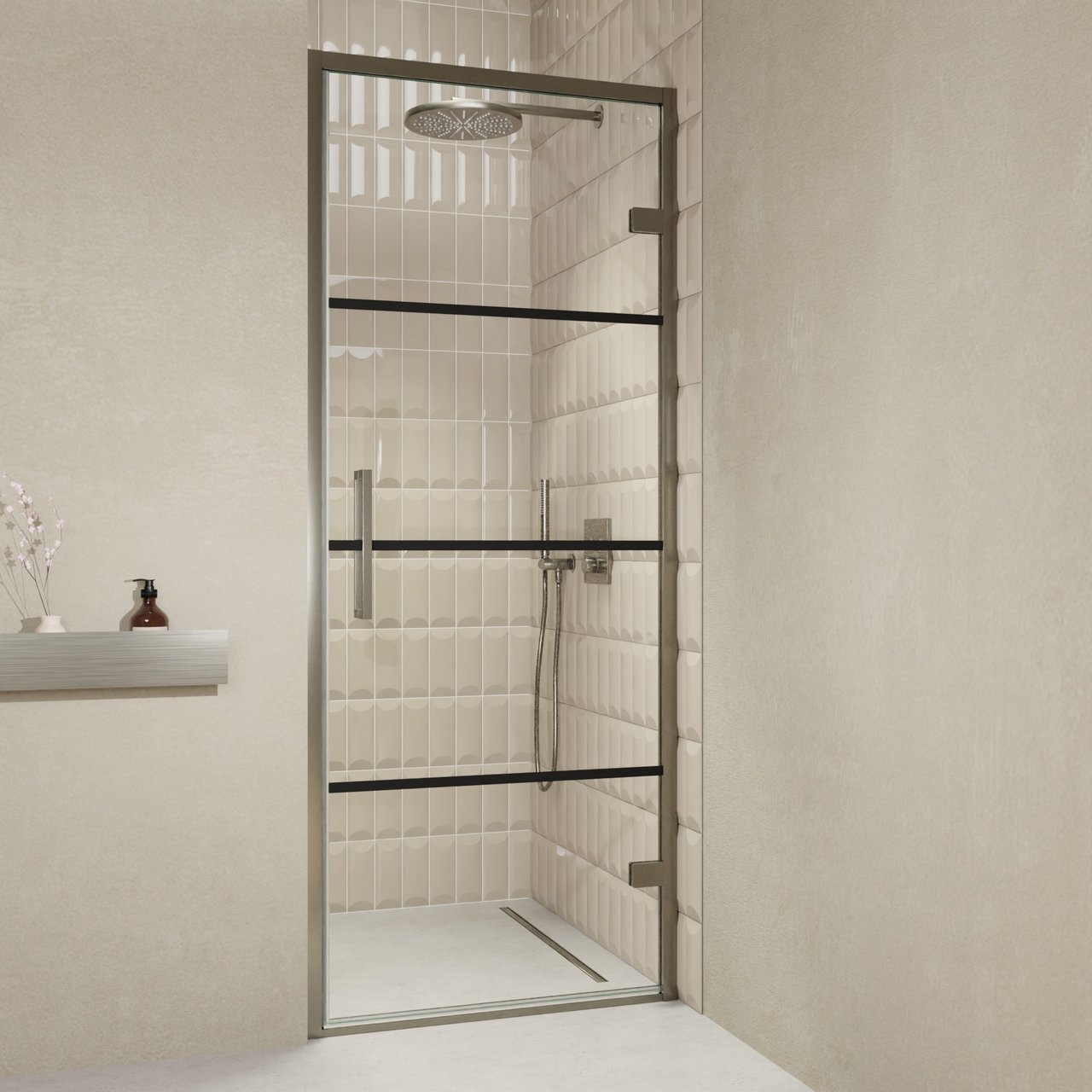 Balmani Senses Design douche draaideur rechts 90 cm x 210 cm Lined glas, Brushed GunMetal profielen, met coating