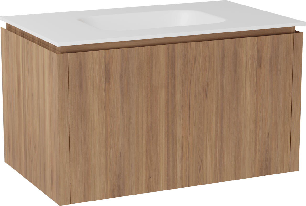 Balmani Eclips meuble salle de bains suspendu 90 x 55 cm Teck avec Tablo Arcato plan simple en Solid Surface blanc mat