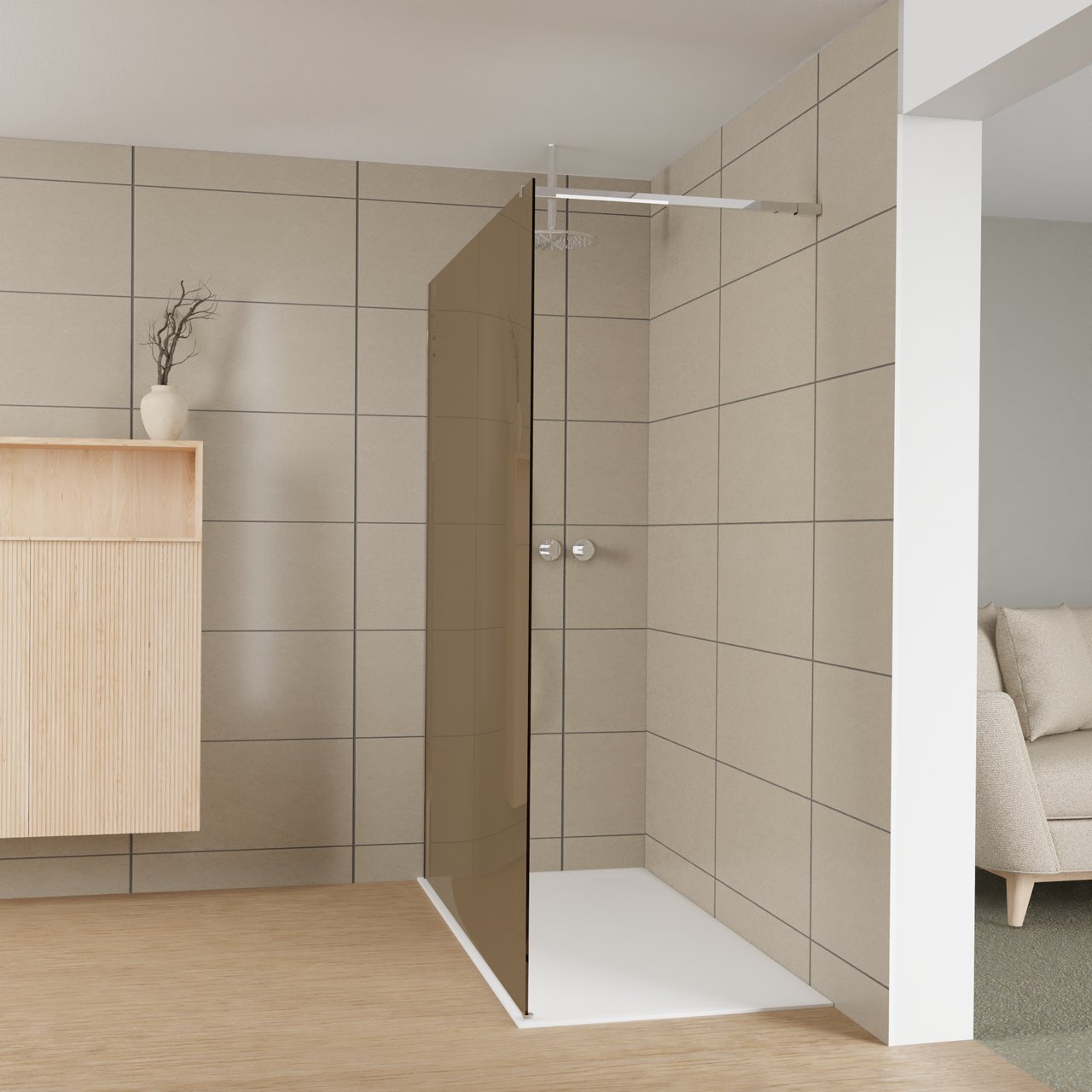 Balmani Modular Walk-In Dusche: 160 x 200 cm, Bronze Glas, Profil Chrom glänzend
