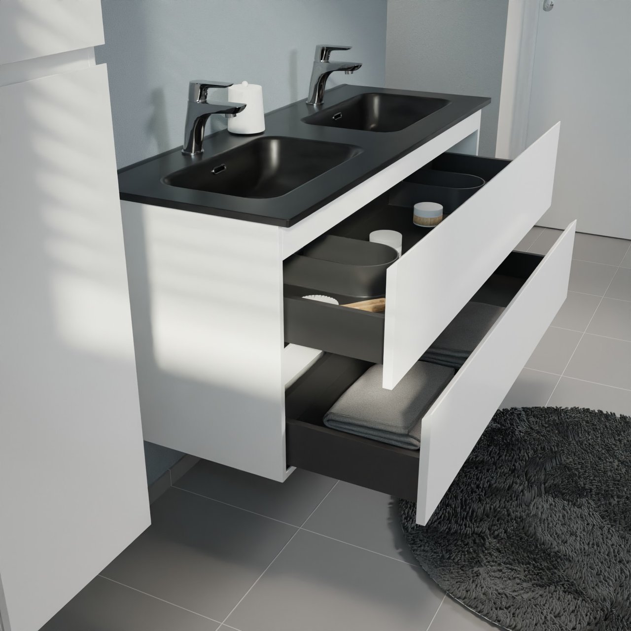 Linie Lado meuble salle de bains suspendu 120 x 46 cm blanc mat avec Baro double vasque en porcelaine noir mat